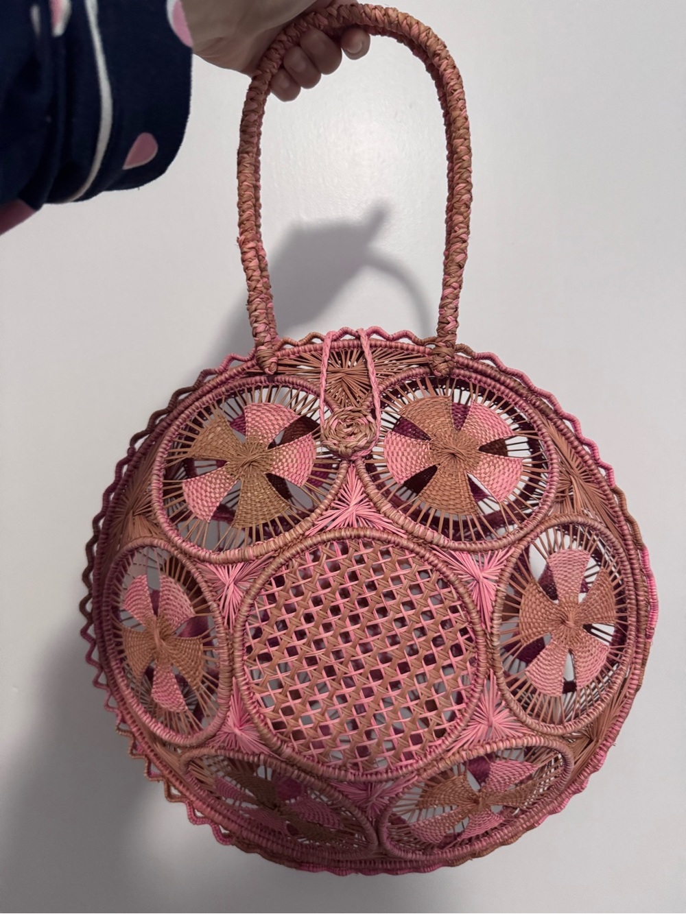 Pink Round Woven Straw Tote Bag